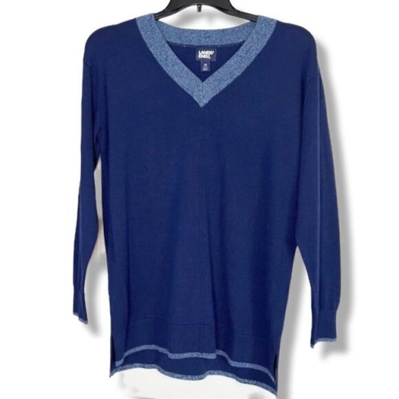 Lands' End Sweaters - Lands' End Navy Blue Vneck Long Sleeve oversized sweater with heathered Trim Med